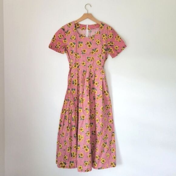 Handsewn Red Gingham Sunflower Midi Dress Pleated Scoop Neck M - Picture 1 of 8